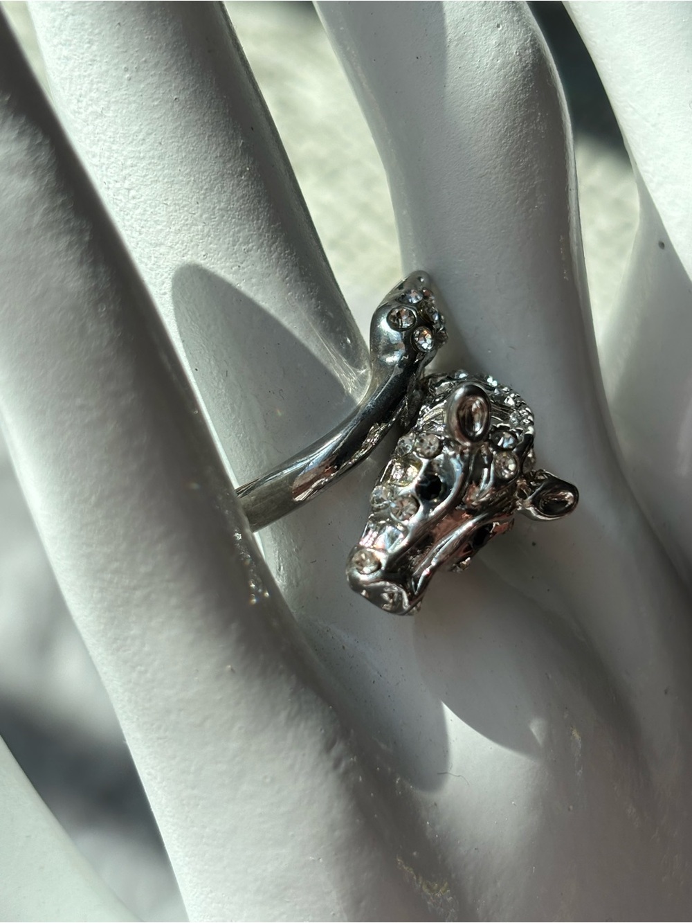 Stainless steel Silver Tone Rhinestone Dragon Ring, size 5.5 adjustable
